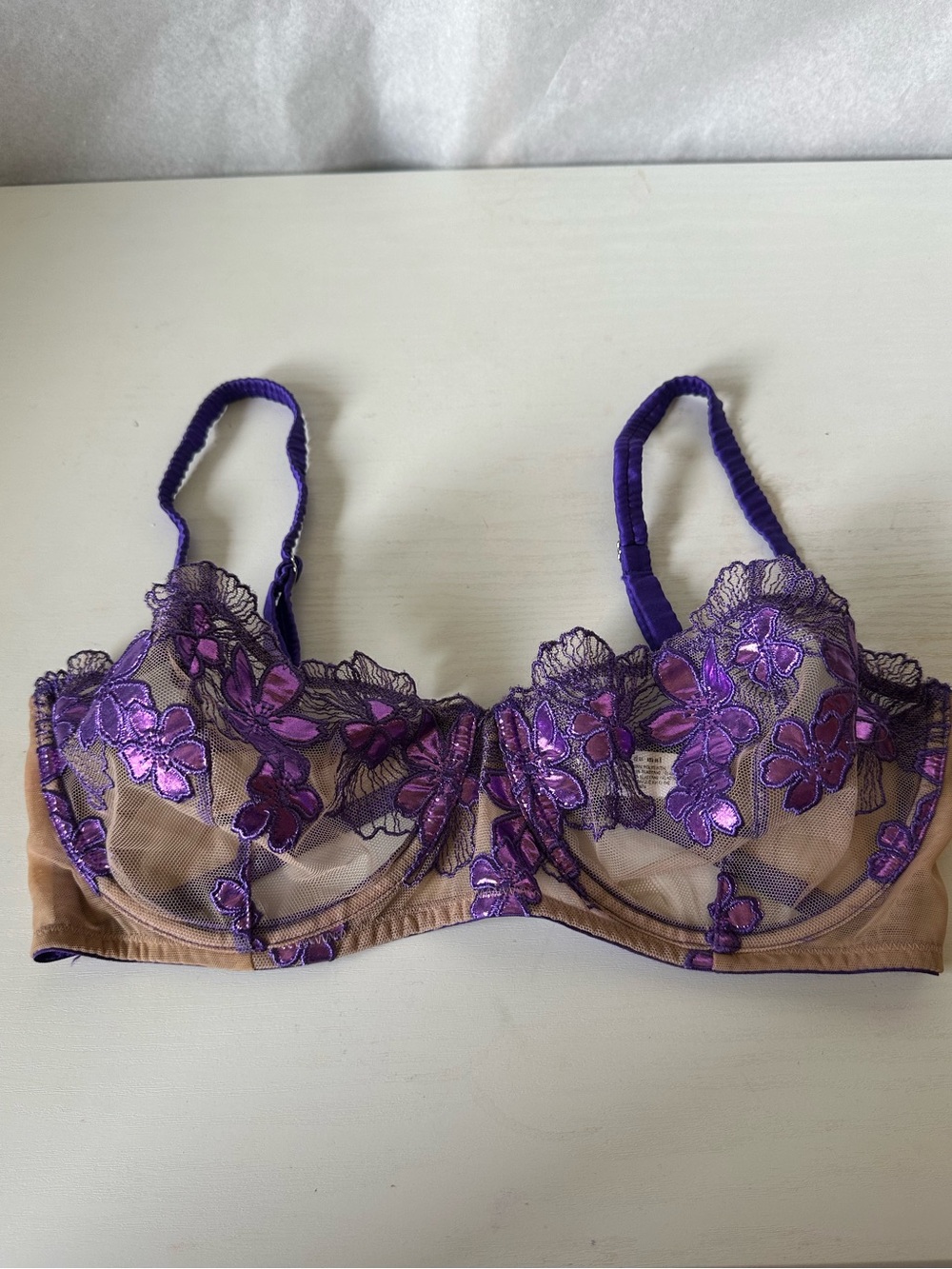 Fleur du Mal silk Floral Embroidered Sheer Purple Nude Balconette Bra 34DD